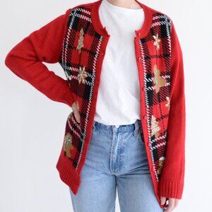 Vintage Kim Rogers Red Black Gingerbread Christmas Button Up Cardigan Sweater L